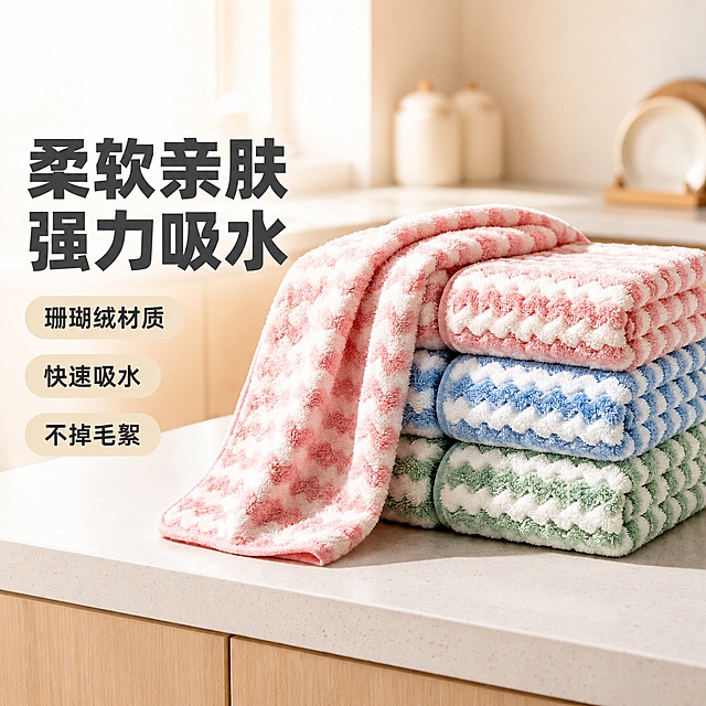 [单张主图] 珊瑚绒吸水毛巾，高点击爆款促销感主图，突出毛巾柔软亲肤高吸水卖点，适配淘宝平台。
[画面主体] 三条折叠好的波纹毛巾（粉色/蓝色/绿色）整齐堆叠在厨房白色石英石台面，一条粉色毛巾自然垂落在堆叠左侧；产品整体放大占据画面核心位置，商品主体占比约60%；保持毛巾产品外观、物理结构、材质质感、颜色与输入产品图绝对一致，杜绝任何变形和色差，精细化处理，毛巾蓬松柔软的纹理清晰可见。
[构图版式] 采用左文右品标签参数型版式，左侧38%区域放文案，右侧产品占60%，背景为虚化厨房空间做衬托。
[场景元素] 背景为浅原木色橱柜，透过左侧窗户射入明亮柔和的自然光，台面干净整洁，无多余杂物干扰主体；左下角放3个圆角轻标签，右下角留白保持透气。
[文案版式] 左侧粗黑分三行主标题：「柔软亲肤 强力吸水」，字体最大粗体无衬线，深灰色文字；文字下方三个圆角胶囊标签，分别标注「珊瑚绒材质」「快速吸水」「不掉毛絮」，浅色底深灰色文字，大小约为主标题三分之一；左上角安全区留白无文字，底部无多余信息保持画面干净。
[光影质感] 主光为左侧窗户射入的柔和自然光，右侧墙面反射补光，毛巾表面形成柔和高光突出蓬松质感，台面下方有自然柔和的投影，景深较浅背景虚化，画面干净通透，商业摄影超清画质。
[配色字体] 主色调为原木浅暖调，文字深灰色和毛巾粉色系做对比，标签用浅米色底不抢主体，字体采用粗黑无衬线，主标题和标签字号对比清晰，信息层级明确。
[比例分辨率] 1:1比例，2048px * 2048px，4k分辨率，文字清晰可辨，超高清。
[负向提示词] 变形，文字错乱，产品图模糊，背景杂乱，水印，电商平台Logo，绝对化违禁词，遮挡主体