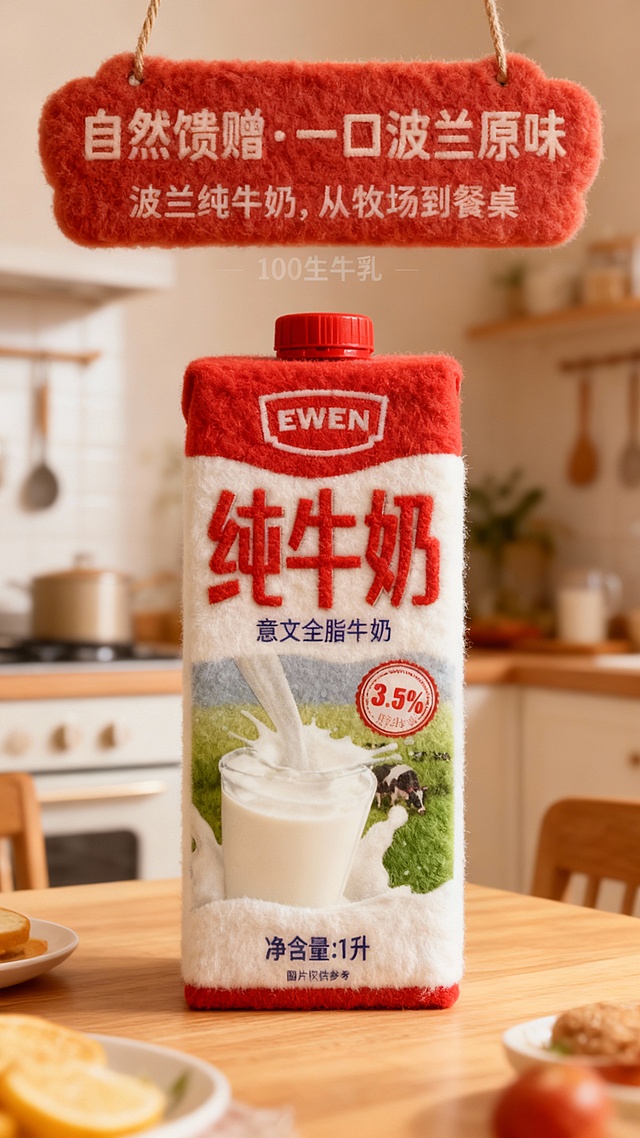 将图示商品变成毛绒绒质感，还原商品颜色细节。将商品放在暖色温馨的厨房餐桌上，画面上方暖红色毛绒艺术字牌“自然馈赠·一口波兰原味”“波兰纯牛奶，从牧场到餐桌”装饰，副标题“100生牛乳”。