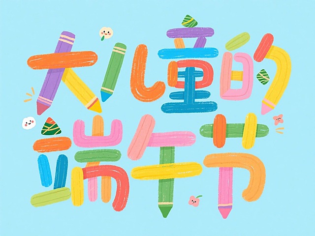 彩色的“大儿童的端午节”，粗糙的蜡笔风格，装饰可爱的小元素，浅蓝色背景