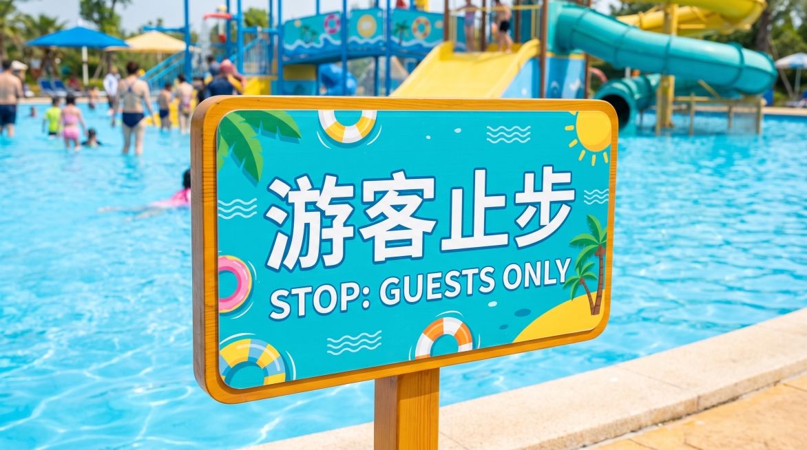 设计一块泳池水上乐园的温馨提示标识牌，上面清晰显示文字"游客止步"，整体风格清新明快，适合水上休闲场景，排版整齐醒目，画面比例16:9预览效果