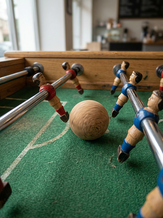 桌上足球机真实对战场景，木球在球台内滚动，光线自然，动态感强，展示顺滑静音，电商摄影风格，写实高清，自然光均匀布光，柔和阴影，无特效卡通夸张滤镜