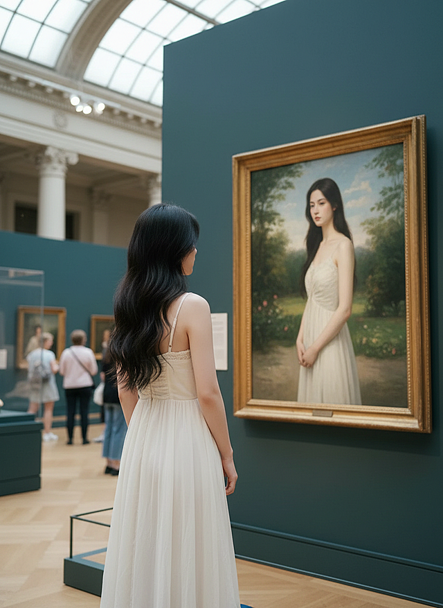 油画风肖像与现实交融，古典宫廷艺术氛围中展现优雅文艺之美，人物与画作呼应，营造梦幻诗意的视觉叙事。