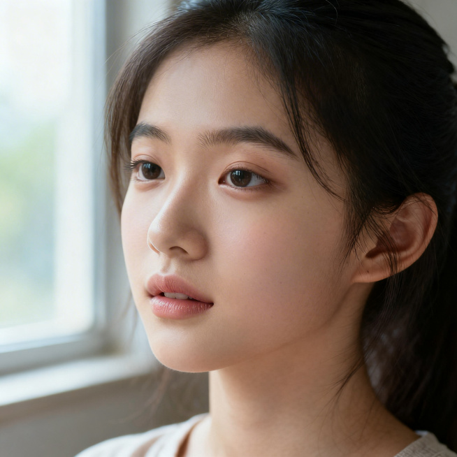 超写实人像摄影，年轻女生，自然淡妆，窗边柔和自然光，皮肤纹理细腻，8K高清，真实人像质感预览效果