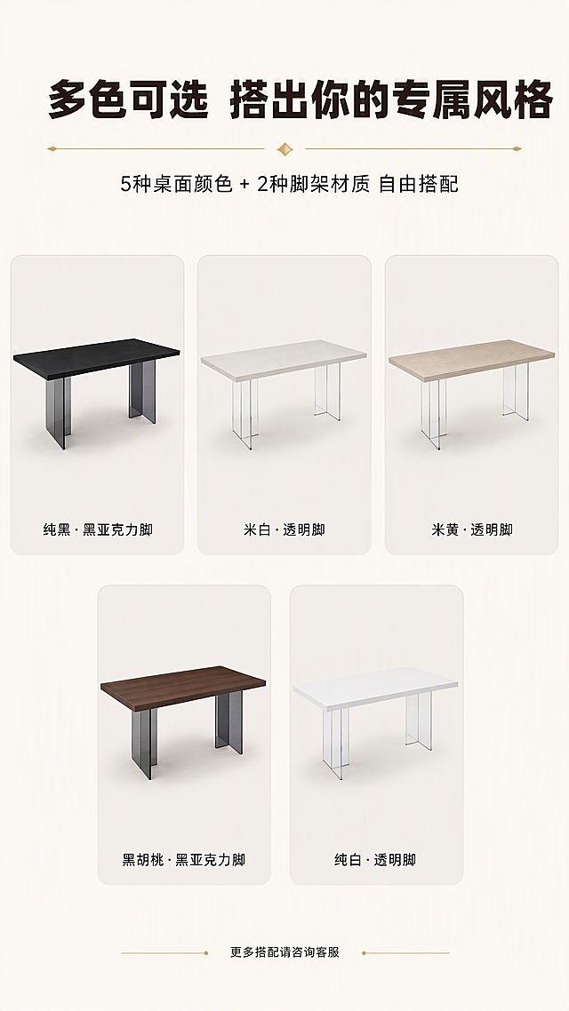 [第7张] SKU矩阵页-5色桌面+2种脚架全系列展示。本张使用【图1】全部5色餐桌作为展示主体，各款产品结构、颜色、材质与原图一致。
[氛围/风格] 产品矩阵展示风，简洁高级，排列整齐，一目了然。
[元素布局] 上方通栏标题区，下方为2行×3列产品矩阵（第2行2款居中）。6个展示位分别为：第1行「纯黑桌面+黑亚克力脚」「米白桌面+透明亚克力脚」「米黄桌面+透明亚克力脚」；第2行「黑胡桃桌面+黑亚克力脚」「纯白桌面+透明亚克力脚」。每款餐桌均为45°角统一视角，大小一致，光影统一，下方标注色名+脚架类型。背景为浅米色，每款产品有独立浅灰底托。
[光影质感] 统一左上方柔光，每款餐桌光影方向一致，底部有统一柔和投影，整体干净均匀。
[配色色系] 全局底色 #F8F5F0（浅米色）；主色各款桌面本色；辅助色深灰文字、浅灰底托、金色细分割线。
[视角构图] 平视，产品矩阵居中排列，阅读动线从上至下、从左至右。
[文字版式] 顶部主标题「多色可选 搭出你的专属风格」，大字号粗黑体，深棕色；副标题「5种桌面颜色 + 2种脚架材质 自由搭配」，中号细黑体。每款产品下方标注色名：「纯黑·黑亚克力脚」「米白·透明脚」「米黄·透明脚」「黑胡桃·黑亚克力脚」「纯白·透明脚」，小号黑体居中。底部小字提示「更多搭配请咨询客服」。
[比例分辨率] 9:16竖版比例，4K分辨率，文字清晰可辨。
[负向提示词] 产品变形，颜色偏差，排列不齐，大小不一，水印，文字错乱，缺款漏款。