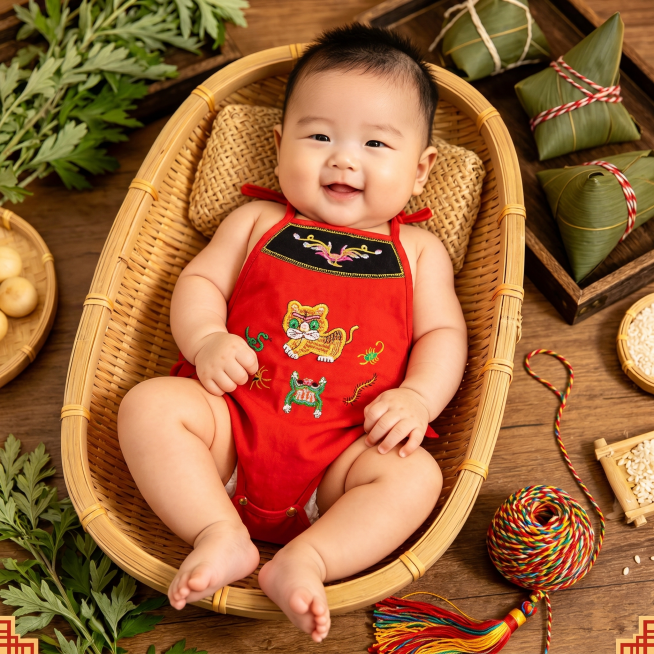 将图2中的传统五毒老虎刺绣肚兜换到图1宝宝的身上，保持原宝宝姿势和场景不变，去掉肚兜上的所有文字，保持摄影写真风格，1:1尺寸，保持肚兜原本的图案和颜色预览效果