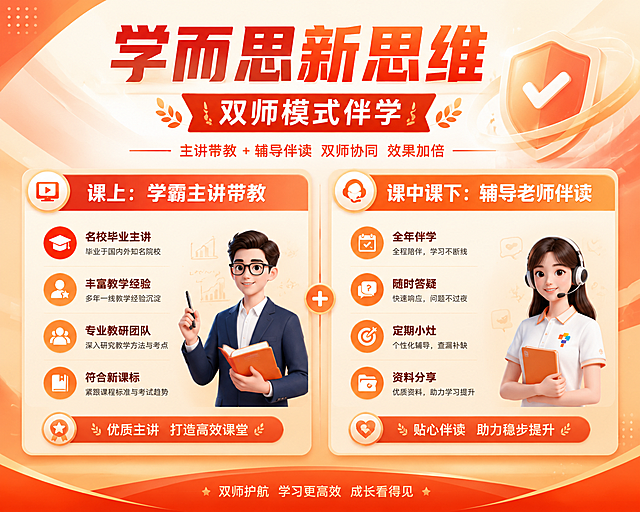 橙红色系学科宣传海报，标题：学而思新思维，双师模式伴学，主体分为左右两个板块，左侧标题：课上：学霸主讲带教，列出课上教学优势：名校毕业主讲，丰富教学经验，专业教研团队，符合新课标；右侧标题：课中课下：辅导老师伴读，列出伴读优势：全年伴学，随时答疑，定期小灶，资料分享；保持橙红色系简洁排版，整体设计大气专业