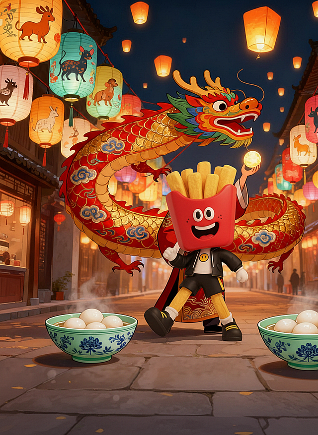 国潮风卡通形象，拟人化炸薯条与龙舞结合，喜庆灯笼点缀，水墨背景烘托节日氛围。