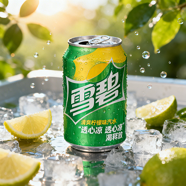 雪碧罐装饮料特写，绿色与黄色渐变的经典包装，表面有水珠质感，银色拉环和罐底，包装上有白色"雪碧"字样及"清爽柠檬味汽水""透心凉 渴释放"文字，保持产品原比例和设计细节，背景替换为夏日阳光照耀下的冰镇饮料展示台，台面上散落着新鲜柠檬片和冰块，周围有虚化的绿色树叶和气泡升腾的清凉氛围，整体风格保持写实产品摄影质感，光线明亮柔和，突出饮料的冰爽清新感。