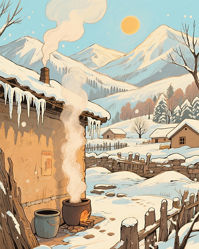 画一个手绘风的冬天雪景，近处是冒着炊烟的房屋，屋檐下有冰柱，屋外有水缸，远处是一座座雪山，天上的太阳在照耀
