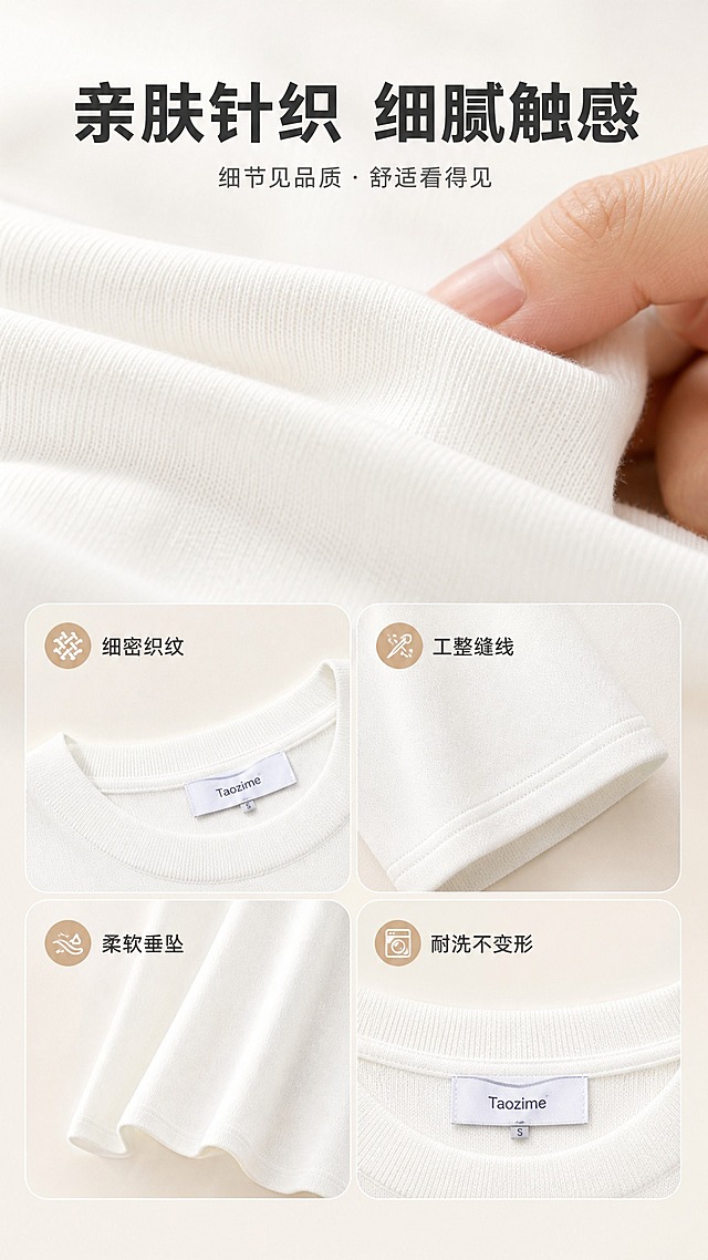 [商品] 使用【图1】白色圆领针织短袖T恤；商品处理：保留圆领、短袖、正肩版型、衣长、针织面料、颜色和领口标签；自然去除衣身杂乱褶皱与压痕，理顺垂坠，增强针织纹理、缝线和领口质感，不改变版型和结构。
[画面] 目标为面料工艺细节页，突出针织质感与做工；画面上半部分为面料微距特写，展示细腻针织纹理，占画面约45%；下半部分为2×2工艺宫格，分别展示领口缝线、袖口收边、面料垂感、标签细节；背景为浅米色柔焦质感，加入手指轻触面料的动作增强真实触感。
[视觉] 套系策略：风格=极简高级商业影棚风；标题字=现代无衬线粗体；正文字=简洁无衬线体；主色=米白；背景延展=基于米白做深浅层级、同色渐变和细腻纸张/织物质感；强调色=浅奶茶棕，仅用于小面积图标、引线和标签；标题色=深炭灰；正文色=中暖灰；组件=圆角浅底信息卡、细线引线；光影=左前侧暖柔光。
[文字] 上方主标题「亲肤针织 细腻触感」，宫格每格配1个短标签：细密织纹、工整缝线、柔软垂坠、耐洗不变形；文字横排，字号适中。
[规格] 单屏比例9:16竖版，分辨率2K，避免变形、错字、文字过小、冷蓝/蓝灰背景、衣服颜色改变、面料失真、白底孤立单品。