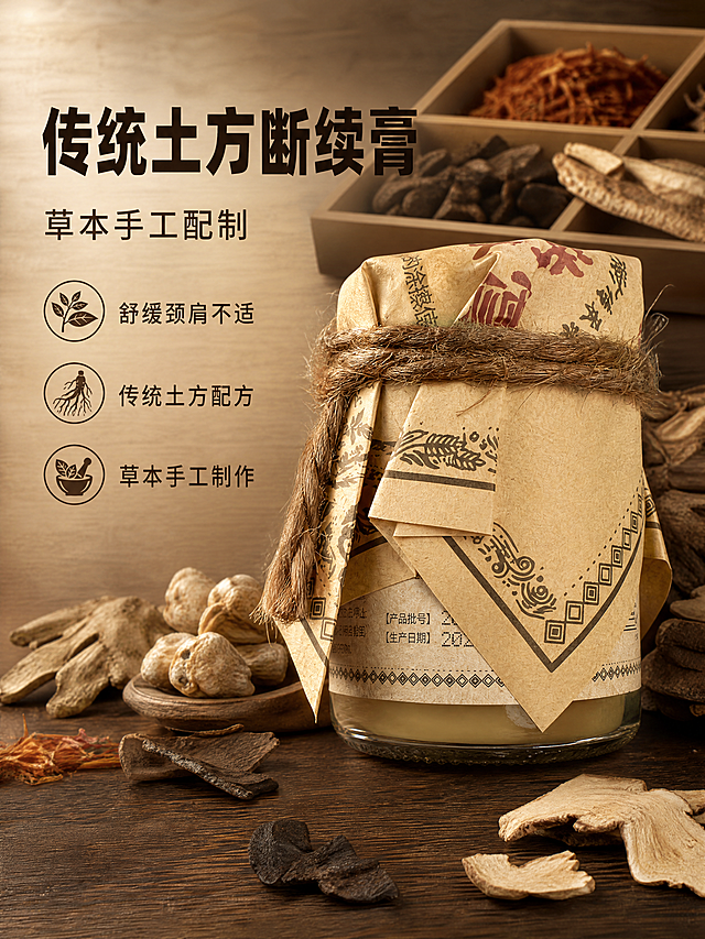 [第1屏] 详情页头图-土方断续膏产品宣传海报，草本手工配制养生膏。
[氛围/风格] 传统中式古朴风，木质本草背景，天然质朴氛围，商业摄影质感，画面沉稳自然。
[元素布局] 本屏使用【图1】作为商品主体，土方断续膏玻璃瓶放在画面右侧中区域，占据画面60%-65%主体。保持产品牛皮纸包装、麻绳缠绕、草本原料后方陈列的物理结构、材质质感、颜色与输入产品图一致。背景为深原木色木纹板，后方点缀摆放干燥草本原料，左侧保留充足标题留白，整体层次感清晰。
[光影质感] 左上方柔和主光照亮产品瓶身，右下方形成自然投影，突出牛皮纸纹理和草本原料质感，整体明暗层次分明，产品边缘清晰真实。
[配色色系] 全局底色：#8B6E4E（深原木色）；主体配色：#D9C7A8（牛皮纸黄）+#8B4513（深棕麻绳）+#5A452A（草本原料棕褐）；辅助色：#2D2316（深棕文字）。
[视角构图] 正面微仰视，产品位于画面右侧，左侧完整区域留给标题，背景干净且有自然纹理，整体竖向构图。
[文字版式] 左侧版式为上标题+下卖点，文字全部左对齐。主标题「传统土方断续膏」，深棕色粗黑体，字号为画面宽度8%-10%，不超过左侧区域高度25%。副标题「草本手工配制」，深棕色常规字，字号约主标题40%。下方三个卖点：「舒缓颈肩不适」「传统土方配方」「草本手工制作」，每个卖点前加圆形草本图标，文字清晰不遮挡主体。
[比例分辨率] 3:4 竖版比例，4K分辨率，文字清晰可辨，超高清。
[负向提示词] 产品变形，包装文字错乱，颜色偏差，水印，文字模糊，背景杂乱，虚假夸张功效词