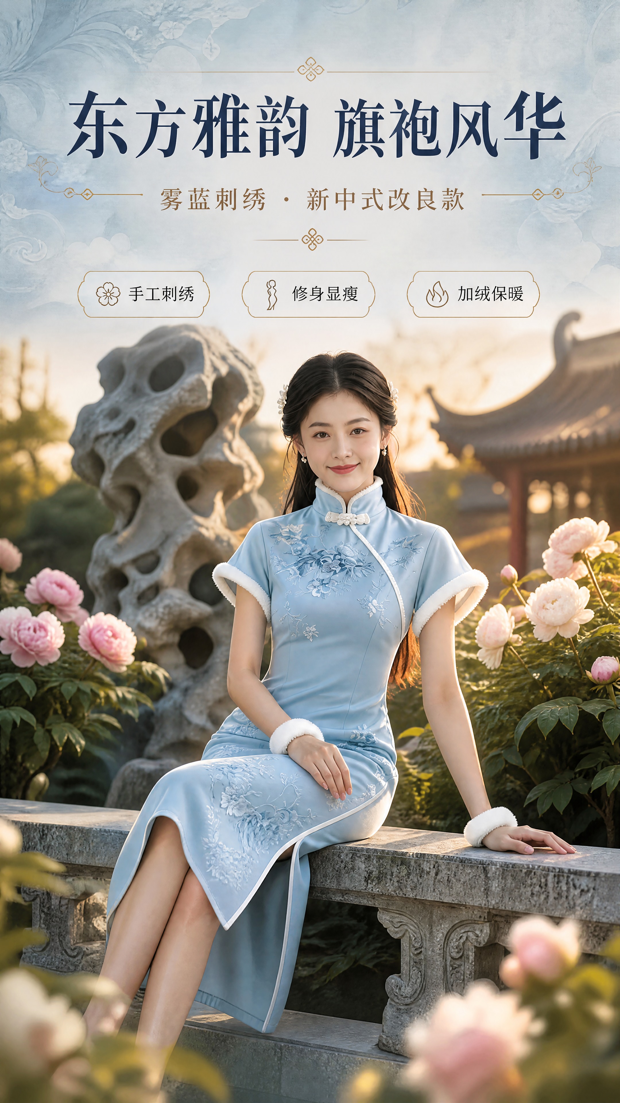 [商品] 使用【图1】雾蓝色刺绣改良旗袍，同一模特；保留立领盘… - 图片创意预览