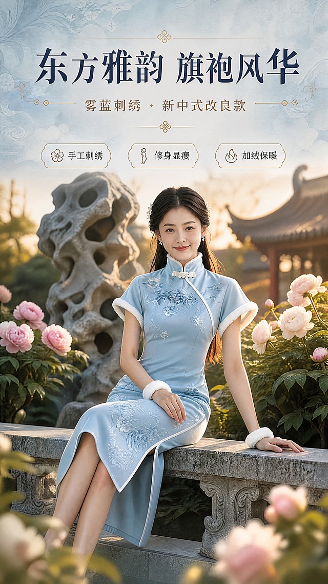 [商品] 使用【图1】雾蓝色刺绣改良旗袍，同一模特；保留立领盘扣、斜襟滚边、短袖毛绒袖口、前襟与裙摆花卉刺绣、侧开叉、中长款版型、雾蓝色主色、白色毛绒边、珍珠盘扣；自然理顺衣身垂坠，增强刺绣纹理、面料光泽、滚边缝线和盘扣五金质感，不改变版型结构与颜色。
[画面] 目标：首张风格头图海报，营造高端东方雅致氛围。构图：竖版9:16，模特坐于园林石栏上为视觉中心，占画面约65%，前景虚化牡丹花叶，中景模特与太湖石，后景虚化古建筑与黄昏暖光，阅读动线由上至下。场景：江南古典园林，太湖石、盛开牡丹、飞檐古建，黄昏金色侧逆光勾勒发丝与旗袍轮廓。
[视觉] 套系策略：风格=高端新中式商业摄影，东方雅致美学；标题字=宋体衬线粗体，带细微笔画装饰；正文字=简洁现代无衬线体；主色=雾蓝+米白；背景延展=基于雾蓝做深浅渐变、水墨晕染和宣纸/丝绸质感层次；强调色=金色，仅用于小面积装饰线、标签和光效点缀；标题色=深墨蓝；正文色=暖灰棕；组件=细线描边信息卡、金色引线、中式纹样分隔符；光影=黄昏暖金色侧逆光，柔和漫射补光，明暗层次丰富。
[文字] 上方留白横排主标题「东方雅韵 旗袍风华」，副标题「雾蓝刺绣 · 新中式改良款」，下方3个短卖点：「手工刺绣」「修身显瘦」「加绒保暖」；文字不遮挡模特面部与旗袍主体刺绣区域，字号保证手机端清晰可读。
[规格] 图片比例9:16竖版，4K，避免变形、错字、文字过小、冷蓝灰背景、旗袍颜色改变、版型失真、低俗擦边、极限词。