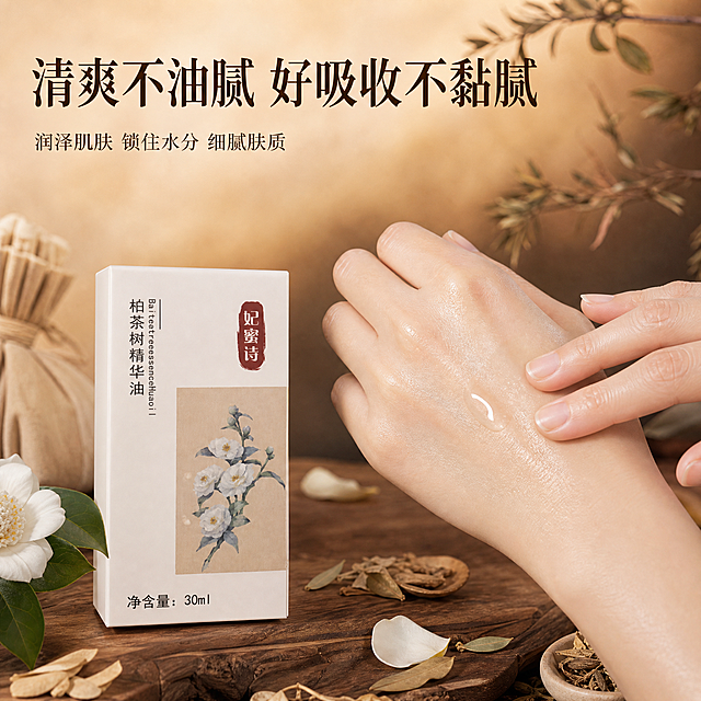 [主图-3] 质地与肤感展示，呈现精华油清爽不油腻、易吸收的使用感受，配合手部试用场景。
[统一基调] 整体棕色中药风视觉，主背景为深浅渐变的暖棕与药棕色调，点缀干草本植物、中药材、山茶花枝叶等天然元素，字体选用干净的宋体细衬线体，主标题字色为深棕近黑，辅助文字为暖棕褐色，强调色为赭石红，整体氛围温润、古朴、天然、专业。
[画面] 画面左侧展示产品包装盒，正面完整，外观与原图一致，占画面约35%。右侧为一只女性手部特写，手背上滴有一滴透明精华油，手指轻抹开展示质地清透、延展性好，吸收后皮肤呈现润泽不油腻的光泽感。背景为暖棕色古朴木质台面，台面上散落少量山茶花花瓣、干草本叶、小型中药草包作为点缀。产品与手部自然摆放在同一台面上，有真实接触阴影。
[光影质感] 商业摄影质感，柔和自然光从侧上方打来，精华油质地清透有光泽，手部皮肤纹理细腻真实，产品盒面光影自然，整体温润通透。
[配色] 主色暖棕、药棕、肤色，精华油呈现透明微金色，点缀少量草木绿与花瓣白色，整体保持棕色中药风统一调性。
[文字版式] 画面上方主标题大字：清爽不油腻 好吸收不黏腻，下方三行辅助小字：润泽肌肤 锁住水分 细腻肤质。文字均为横排宋体细衬线体，主标题深棕色加粗最大，辅助文字缩小50%以上，放在画面上方负空间，不遮挡产品和手部。
[输出要求] 1:1正方形，2K高清，产品清晰不变形，手部自然真实无畸形，精华油质地表现清透，文字清晰可读无错字。禁止出现平台Logo、水印、二维码、极限词，禁止夸张前后对比，禁止手部畸形、手指异常。