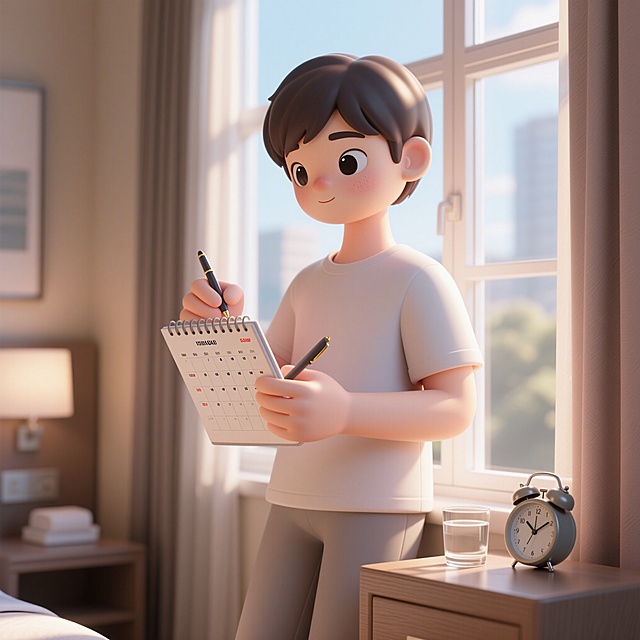 趣味3D插画风格，C4D渲染，OC渲染，Blender建模，柔软光线，马卡龙色系，泡泡玛特盲盒质感，光滑黏土材质，影棚打光，8k分辨率，超细节，一位中性气质的青年，短发，穿着简约休闲服，白天站在酒店窗前，手拿日程表，另一只手拿着笔准备记录，旁边放着一杯温水和一个闹钟，窗外阳光洒入，表情专注放松，面部特写位于画面正中心，微距镜头拍摄，皮肤健康略带自然光泽，背景是模糊的酒店房间和窗外阳光，整体氛围从容适应，生物钟缓冲