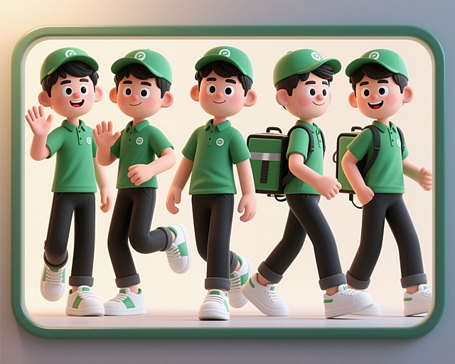 本套装包含6个3D卡通人物，描绘的是男性外卖员。虽然他们的姿势和角度各不相同，但都拥有一个可爱的核心元素：墨绿色的帽子、墨绿色的polo衫、黑色的长裤和白色的运动鞋。整体色调为奶油色，背景统一。人物五官圆润，眼睛大大的，表情夸张可爱，嘴唇微微张开，留着黑色的短发。男孩们的姿势各不相同（例如挥手、跳跃、行走、站立、转身和微笑），但他们都穿着相同的服装。所有图像整齐地排列在一个框架内，保持一致的3D渲