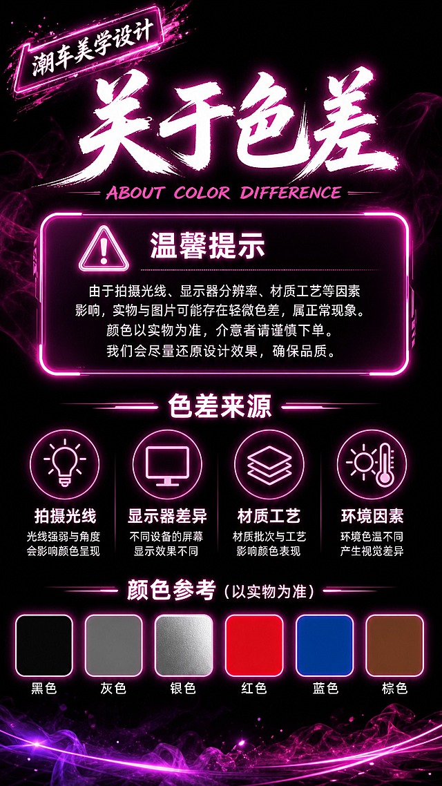关于色差，暗黑甜酷粉紫霓虹风格，9:16竖版2K，无车图。

风格：暗黑甜酷风，纯黑背景，粉紫色霓虹光效，烟雾缭绕，甜酷高级。

画面内容（9:16竖版，无车图）：
- 背景：纯黑色背景，粉紫色霓虹光效，烟雾缭绕
- 左上角：粉紫色斜角方框标签"潮车美学设计"白色粗体毛笔字，霓虹发光
- 顶部大标题："关于色差"白色毛笔大字，粉紫色霓虹发光效果
- 标题下方："ABOUT COLOR DIFFERENCE"粉紫色英文小字
- 上方粉紫色卡片（温馨提示），霓虹发光边框：
  警告三角粉紫色图标 + 温馨提示
  内容：由于拍摄光线、显示器分辨率、材质工艺等因素影响，实物与图片可能存在轻微色差，属正常现象。颜色以实物为准，介意者请谨慎下单。我们会尽量还原设计效果，确保品质。
- 中部色差来源，四个图标横排，粉紫色霓虹风格：
  灯泡图标 + 拍摄光线 + 光线强弱与角度会影响颜色呈现
  显示器图标 + 显示器差异 + 不同设备的屏幕显示效果不同
  三层图标 + 材质工艺 + 材质批次与工艺影响颜色表现
  太阳温度计图标 + 环境因素 + 环境色温不同产生视觉差异
- 下方颜色参考（以实物为准）：六个颜色色块横排 - 黑色、灰色、银色、红色、蓝色、棕色，每个色块带粉紫色霓虹边框
- 底部：粉紫色霓虹光线和烟雾点缀

暗黑甜酷粉紫霓虹风，与封面统一，文字清晰无错字，9:16竖版。