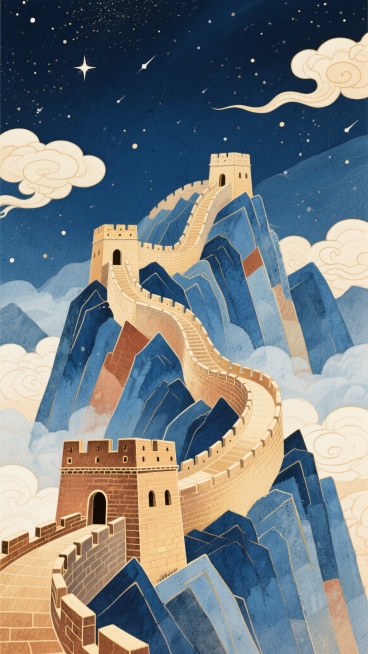 中国长城蜿蜒盘旋于险峻山脉之上，采用复古手绘插画风格，主色调为靛蓝、赭石与鎏金，背景是布满星辰的深邃夜空与漂浮的祥云，烽火台细节精致，城墙线条流畅，山体以几何色块堆叠，云雾呈现半透明水彩晕染效果，整体画面兼具历史厚重感与梦幻意境。预览效果