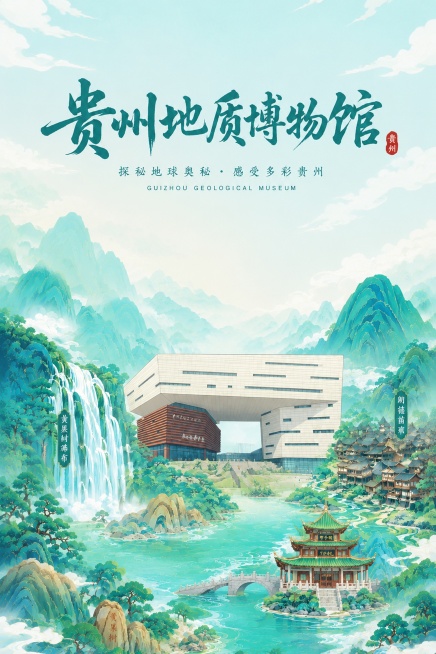 A4竖版封面，蓝绿色清新活泼国潮风格，保持贵州地质博物馆主体建筑不变，将甲秀楼移至更靠右下角位置，朗德苗寨整体向下移动，增加顶部主标题区域留白，增强画面层次感，保留原有景点文字标签，构图更舒展留白更充预览效果
