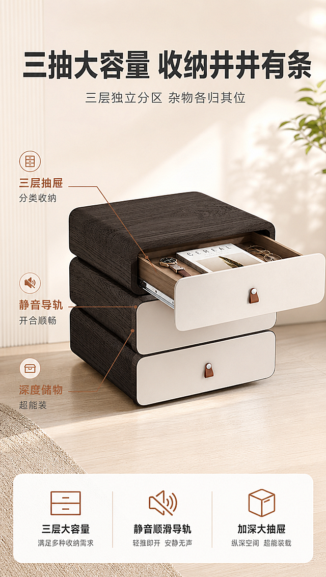 [商品] 使用【图1】DL-8816三抽床头柜；保留三层抽屉结构、深木色柜体+米白色抽屉面板、棕色牛皮小拉手、圆润边角、整体比例和材质质感；增强木纹纹理与抽屉面板细腻质感，不改变结构和颜色。
[画面] 目标：结构功能页，深度说服，展示三抽大容量与顺滑导轨。构图：中间产品主体，最上层抽屉完全拉出，展示内部空间深度，中下两层抽屉闭合；产品占画面约60%，正面微侧角度；左侧用引线标注「三层独立抽屉」「静音导轨」「大容量储物」；背景为浅米色渐变，干净明亮。
[视觉] 套系策略：风格=现代北欧简约风商业摄影；标题字=现代无衬线粗体；正文字=简洁无衬线体；主色=米白+浅橡木色；背景延展=基于米白+浅木色做深浅层级、同色渐变和细腻墙面/织物质感；强调色=暖棕，仅用于小面积图标、引线和标签；标题色=深炭灰；正文色=中暖灰；组件=圆角浅底信息卡、细线引线、胶囊形卖点框；光影=左前侧暖柔光，明亮通透，亮色调为主。
[文字] 顶部主标题「三抽大容量 收纳井井有条」，副标题「三层独立分区 杂物各归其位」，右侧引线标注3个功能点：「三层抽屉 分类收纳」「静音导轨 开合顺畅」「深度储物 超能装」；文字横向排版，不遮挡抽屉内部展示。
[规格] 图片比例9:16竖版，4K分辨率，淘宝/天猫适配，中文文案，避免变形、错字、文字过小、冷蓝/冷灰背景、产品结构改变、颜色失真。
