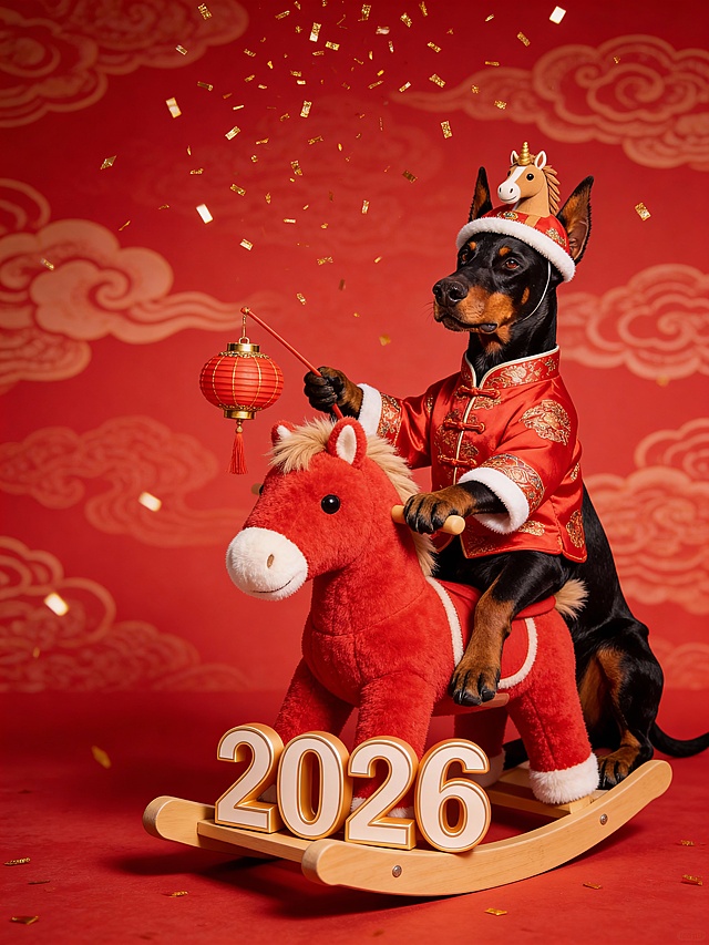 图中宠物穿上红色唐装服饰，带着迷你小马帽子，骑着毛绒红色摇摇马，手里还提着小巧的红灯笼，红色祥云暗纹背景；2026立体字在摇摇马前面，空中飘着细碎的金色彩带，整体跨年喜庆氛围，宠物和摇摇马的比例合理
