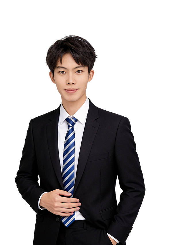 参考第一张图保留人物脸型､发型､年龄等特征生成职场形象照,参考第二张图人物占位和比例,标准焦段50mm,f/4光圈(f/2.8-f/4区间),平视视角(镜头与人物视线齐平);人物占画面70%,人物居中(居中构图),位于画面中心,为视觉聚焦点,入境范围头部及以下至臀部上方(半身);左右留少量背景空间;头部与画面顶部保留5%空间;头部发型完整,头肩比例协调;着装为黑色精纺羊毛商务西装外套(挺括无褶皱,质感清晰)､白色高支棉正装衬衫(细腻平滑,领口挺括规整)､蓝白灰细条纹真丝领带(垂坠感强,条纹规整无歪斜),经典商务黑+白+蓝灰配色,风格简约利落无多余装饰;人物表情自然平和,嘴角自然上扬,眼神澄澈直视镜头(目光坚定且澄澈,无涣散感),核心气质聚焦“专业可靠+亲和干练”;动作姿态为身体正对镜头,肩部自然放松不耸肩,头部微微前倾(幅度柔和不刻意);自然裸妆(面部干净无明显妆感,唇色微微润泽,无过度修饰);背景为简约浅灰度纯色背景(呈现均匀柔和质感,无渐变､无杂质､无阴影,极简干净);自然站姿,姿态单手置于腹前轻拂侧襟,另一只手插于裤兜;姿态端庄优雅,身姿挺拔;画质采用32k超高分辨率,细节极致清晰(完整呈现西装面料纹理､衬衫细腻肌理､领带条纹与垂坠质感),现代精致感风格;光影配置为4800k中性光,面部光比1:1.5,雾面柔光均匀覆盖面部,微微修饰脸型(弱化颧骨､下颌角棱角),无明显明暗交界线;肤质优化方面,在保留原生肤色基调的基础上整体提亮20%,去除面色暗沉､蜡黄感,呈现健康通透的自然肤色,微微冷白皮;避免“假白”,处理为哑光细腻质感,保留真实毛孔纹理(不磨皮过度),实现轻透裸肌效果,同时优化面部油脂反光点,去除细微瑕疵(痘印､干纹),避免“塑料感”“复制感”,保持皮肤原生肌理;彻底去除人物之外的所有无关元素(背景杂质､衣物浮尘､多余阴影､镜头反光等),画面纯净无干扰｡