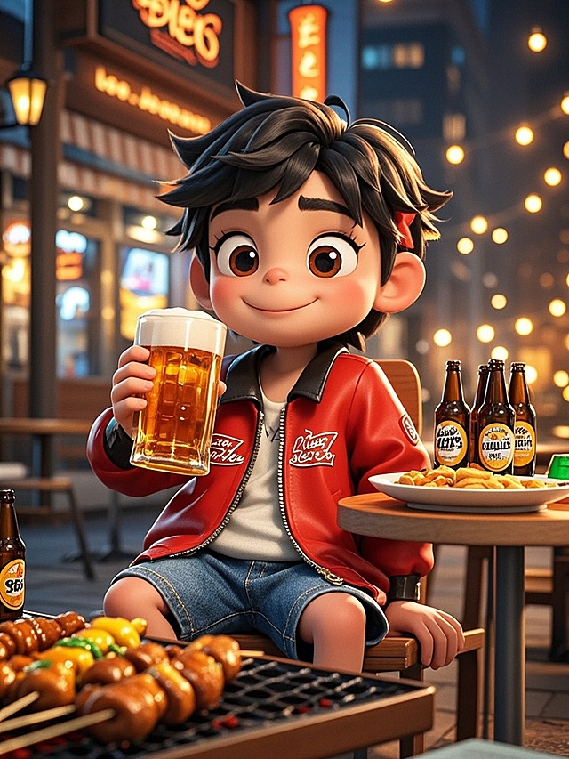 卡通感十足的软3D风设计，男孩手持啤酒，街头夜市氛围浓厚，温馨而生动。