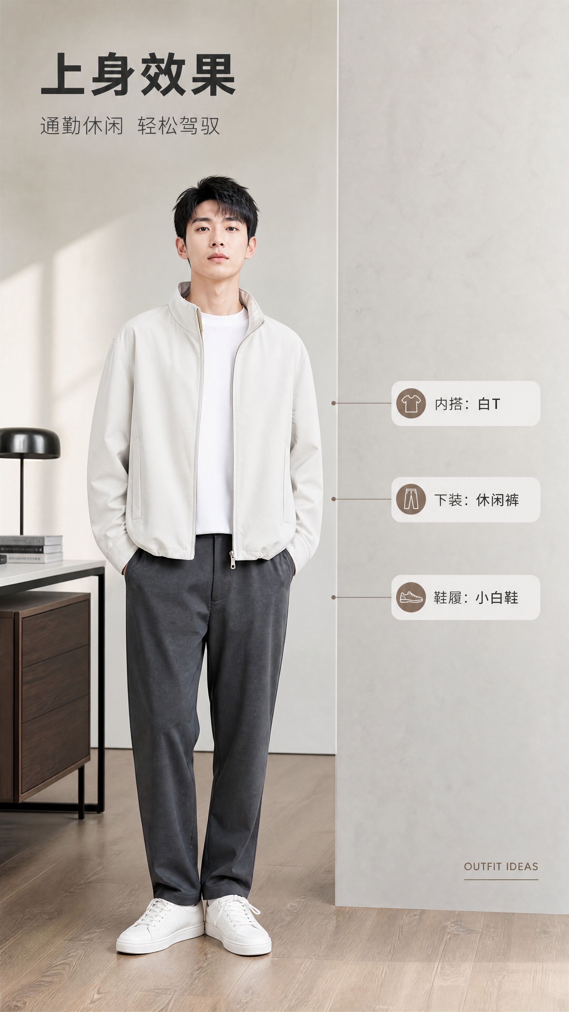 [商品] 使用【图1】米白色立领男士夹克；商品处理：保留立领、… - 图片创意预览