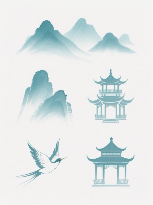 白色背景上排列整齐的六个不同样式国风元素，采用淡青色水墨渐变笔触风格，包含层叠山峦（轮廓清晰、边缘柔和渐变）、传统古亭（飞檐翘角、多层楼阁结构）、展翅飞鸟（形态简约写意），各元素间距均匀呈对称式布局，整体呈现空灵淡雅的东方水墨意境，线条流畅洗练，无明显色彩过渡边界，具有中国传统水墨画的留白韵味与写意美感。预览效果