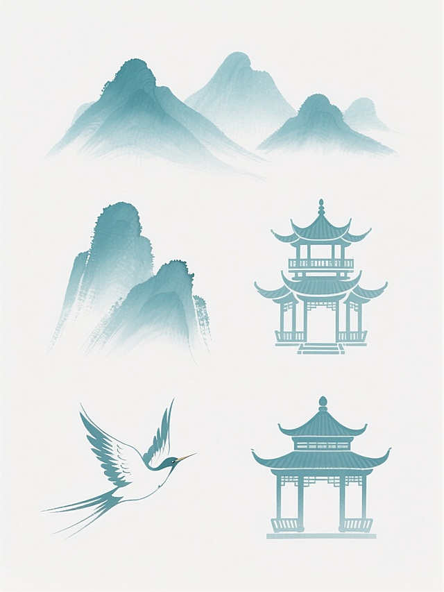 白色背景上排列整齐的六个不同样式国风元素，采用淡青色水墨渐变笔触风格，包含层叠山峦（轮廓清晰、边缘柔和渐变）、传统古亭（飞檐翘角、多层楼阁结构）、展翅飞鸟（形态简约写意），各元素间距均匀呈对称式布局，整体呈现空灵淡雅的东方水墨意境，线条流畅洗练，无明显色彩过渡边界，具有中国传统水墨画的留白韵味与写意美感。