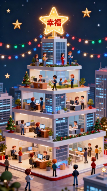 四层立体商务写字楼空间组成的圣诞树，从下往上，第一层：迷茫的失业的人到处寻找机会；第二层：勤奋的工作人；第三层：事业精英；第四层是：享受生活美好画面；顶部是发光的五角星写着幸福字样。彩灯，五角星点缀3预览效果