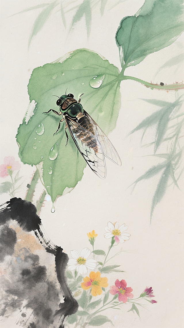 清新感工笔风，水彩渲染，蝉栖绿叶，露珠晶莹，花丛点缀，自然生动。