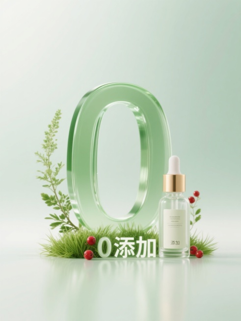 极简高端护肤品海报，淡绿色渐变背景，中央是通透立体的绿色玻璃质感“0”字造型，周围点缀新鲜绿色草本植物与红色小浆果，右侧放置一瓶透明瓶身、淡金色瓶盖的护肤品，瓶身有简约标签，底部有“添加”二字的半透明立体字，整体构图干净留白，视觉层次分明，突出“0添加”的纯净自然与高端感，光线柔和，色彩清新和谐，无任何多余文字。预览效果