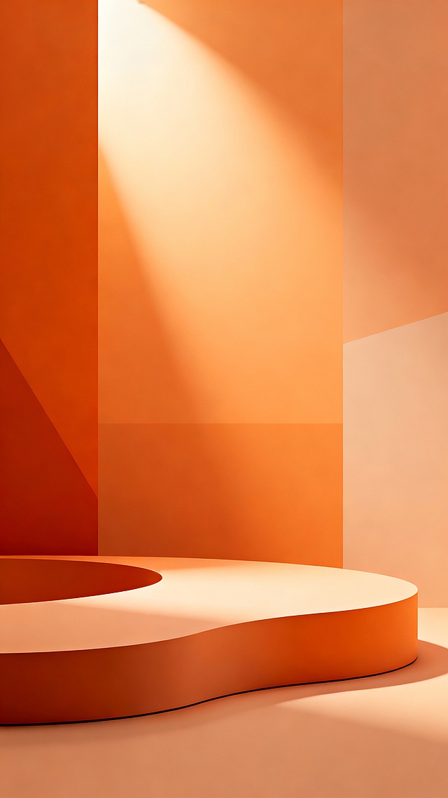 极简主义风格的展台设计，以柔和的橙色调为主，整体画面呈现出光滑细腻的渐变质感，光影运用柔和，光源来自上方，形成自然的高光和阴影过渡，营造出宁静而优雅的氛围。画面下方是流畅弯曲的展台结构，线条简洁流畅，具有现代设计感，背景由不同深浅的橙色几何色块构成，层次分明，整体构图遵循极简美学，注重留白与线条的平衡，无任何文字元素。