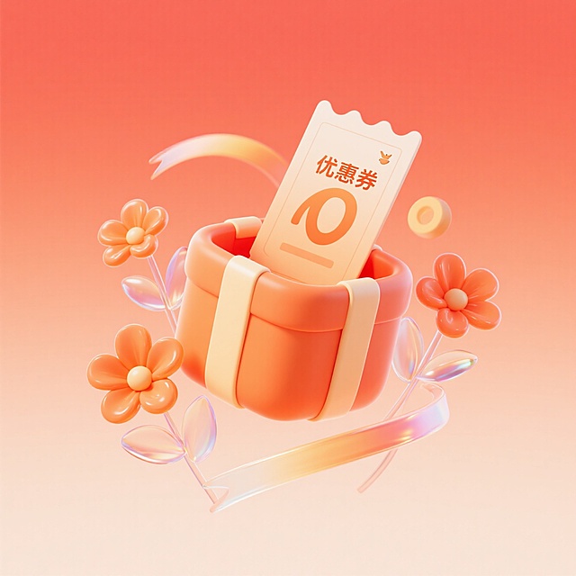 软3D风设计，清新甜美，塑料质感花朵点缀，节日优惠券创意呈现。
