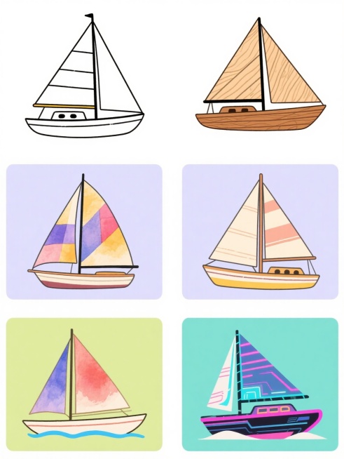 六个不同风格的帆船插画集合，每个帆船保持帆船的基本元素但造型各异，分别采用卡通手绘风格、极简线条风格、复古木纹风格、几何拼接风格、水彩晕染风格和赛博朋克霓虹风格，每个帆船搭配不同的纯色背景，整体色彩明快多样，六个帆船规整地排列在白色背景上，形成一个协调的系列素材集合。预览效果