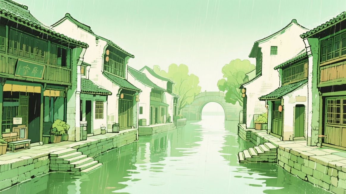 二次元古风，古城，江南烟雨，河边，古街上，构图夸张，浅绿色，细节丰富，不要人物，生成2张，16:9预览效果