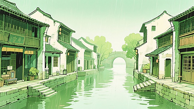 二次元古风，古城，江南烟雨，河边，古街上，构图夸张，浅绿色，细节丰富，不要人物，生成2张，16:9