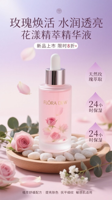 特写镜头，磨砂质感的圆柱形玻璃瓶中装着淡粉色的玫瑰精华液，搭配银色金属按压泵头和淡金色品牌标识"FLORA DEW"，瓶身半透明设计能看见内部悬浮的玫瑰花瓣，放置在铺满白色鹅卵石的浅木托盘上，周围点缀着新鲜玫瑰花瓣、尤加利叶和白色满天星，背景为渐变的淡紫色到淡粉色，光线柔和如清晨的薄雾。海报上方有"玫瑰焕活 水润透亮 花漾精萃精华液"及"新品上市限时8折"的文字，右下角有两个水滴形标签分别标注……预览效果