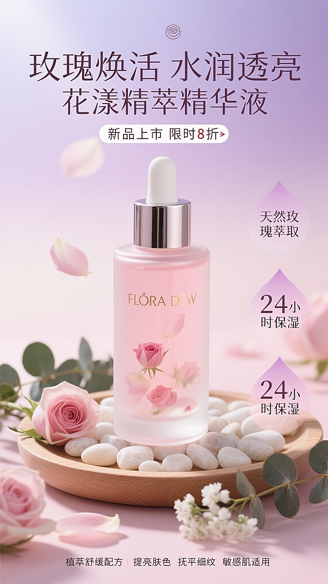 特写镜头，磨砂质感的圆柱形玻璃瓶中装着淡粉色的玫瑰精华液，搭配银色金属按压泵头和淡金色品牌标识"FLORA DEW"，瓶身半透明设计能看见内部悬浮的玫瑰花瓣，放置在铺满白色鹅卵石的浅木托盘上，周围点缀着新鲜玫瑰花瓣、尤加利叶和白色满天星，背景为渐变的淡紫色到淡粉色，光线柔和如清晨的薄雾。海报上方有"玫瑰焕活 水润透亮 花漾精萃精华液"及"新品上市限时8折"的文字，右下角有两个水滴形标签分别标注"天然玫瑰萃取"和"24小时保湿"，底部配有"植萃舒缓配方""提亮肤色 抚平细纹""敏感肌适用"的产品功效描述。