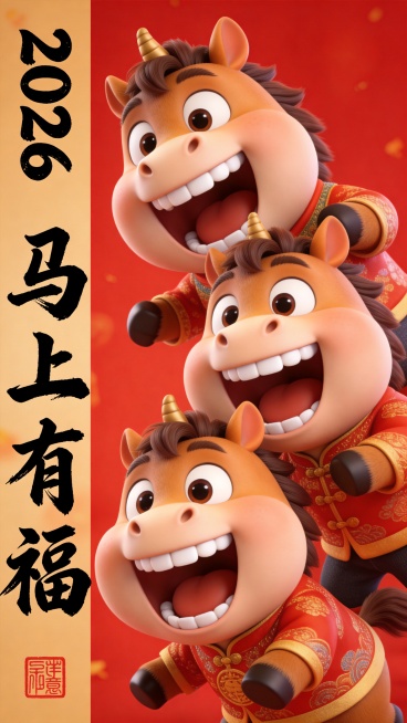 拟人化的小马宝宝Q版，萌萌哒，胖嘟嘟的。身穿中国新春服饰。夸张的大眼睛，超可爱，红色新年的氛围，一家三口擬人化的馬，誇張魔性的微笑可爱表情，嘴巴大張露出整排洁白牙齒，大眼睛帶著瘋狂的大笑可爱姿勢。頭部预览效果