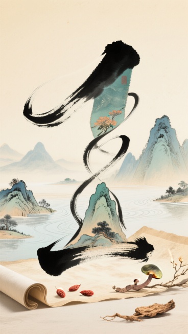 数字“1”水墨书法字，飘逸，笔画动态延伸变形，图案由山水拼贴，周边围绕着画卷，养生中药材等元素，背景是淡淡的山水水墨风格，淡米黄色古朴背景颜色预览效果