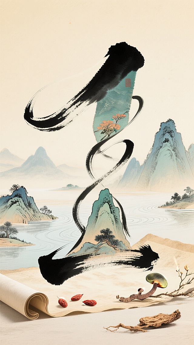 数字“1”水墨书法字，飘逸，笔画动态延伸变形，图案由山水拼贴，周边围绕着画卷，养生中药材等元素，背景是淡淡的山水水墨风格，淡米黄色古朴背景颜色