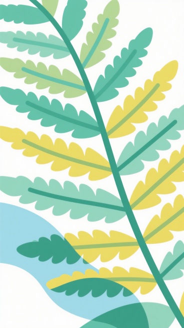 蕨类植物叶片特写，采用明亮的薄荷绿、柠檬黄和浅蓝作为主色调，搭配白色背景，呈现清新简约的扁平化设计风格，叶片边缘锐利，叶脉清晰，整体构图紧密且充满生机，具有现代插画的视觉效果。预览效果