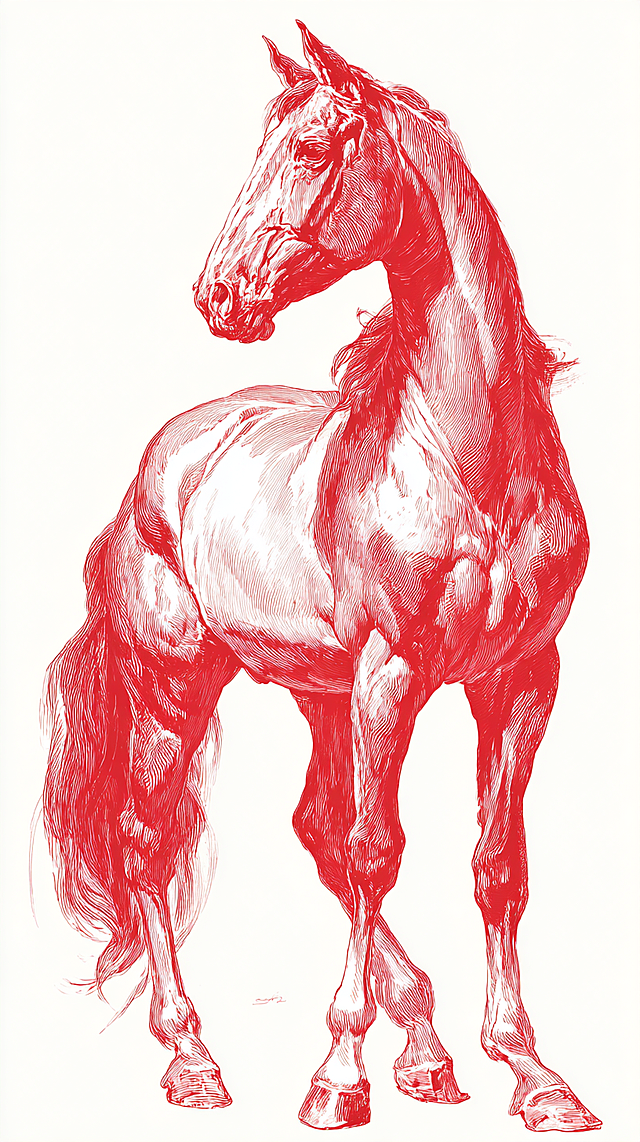 红墨白描骏马，线条流畅如诗，古典优雅中透出文艺气息，版画风格尽显单色设计之美。