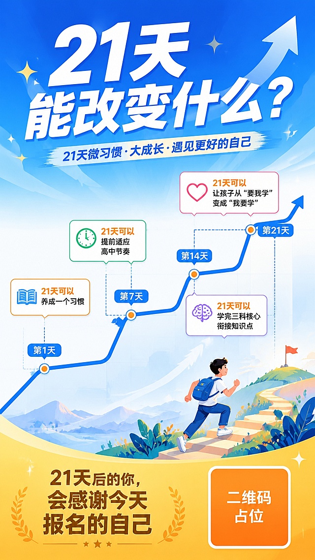 一张竖版课程招生海报，主题为「21天能改变什么」，教育成长风格，清新励志，蓝白橙配色。画面顶部是超大主标题「21天能改变什么？」，粗体白字配蓝色渐变背景。画面中部是一条21天习惯养成曲线示意图，曲线从左下角缓慢上升到右上角，标注第1天、第7天、第14天、第21天四个关键节点，曲线呈阶梯式上升形态，象征习惯逐步养成。曲线周围分布四个信息标签，分别写着：「21天可以养成一个习惯」「21天可以提前适应高中节奏」「21天可以学完三科核心衔接知识点」「21天可以让孩子从"要我学"变成"我要学"」，每个标签配一个简约小图标（书本/时钟/大脑/心形）。画面底部是金色渐变底栏，写着Slogan「21天后的你，会感谢今天报名的自己」，右下角有一个橙色圆角矩形二维码占位符方块，方块中央标注「二维码占位」文字。整体风格扁平插画风，版式精美，信息层级分明，四周留安全边距，画面中所有信息区域填充完整合理内容，无空白框。画面中所有数字必须精确渲染，不得错位、遗漏或编造。