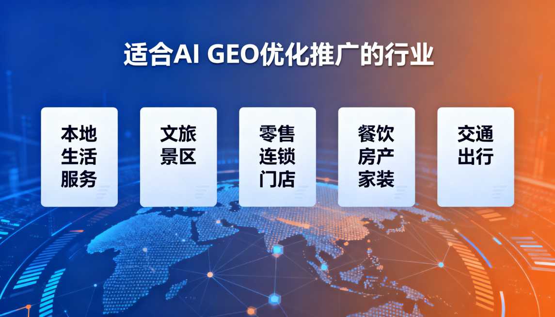 横版商业海报，主题为适合AI地理优化推广的行业，画面清晰现代，商务风格，配有醒目标题"适合AI GEO优化推广的行业"，下方用卡片形式列出本地生活服务、文旅景区、零售连锁、餐饮门店、房产家装、交通出行预览效果