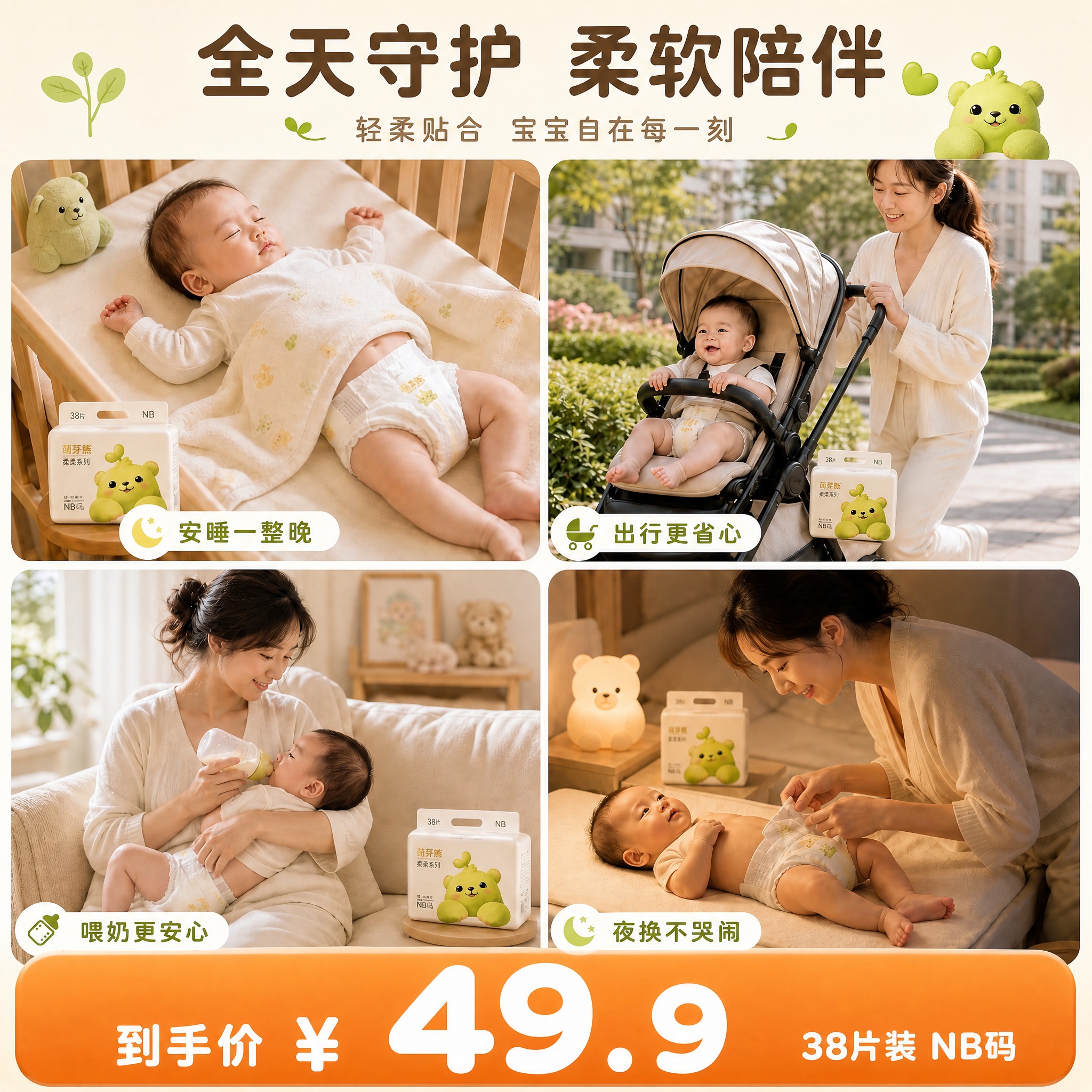 [主图-4] 萌芽熊柔柔系列纸尿裤NB码 多场景全天守护四宫格… - 图片创意预览