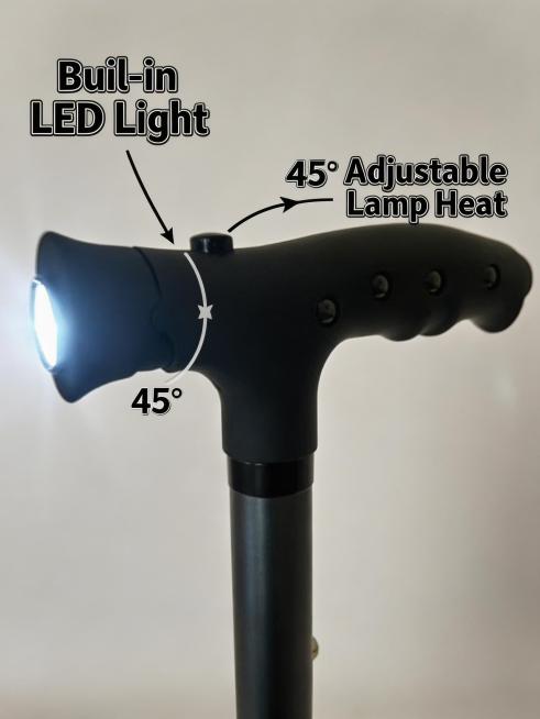 Generate a selling point introduction image for this cane handle. The cane handle has a built-in LED预览效果