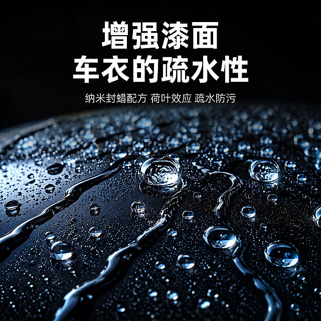 [第4张] 详情页功效展示-疏水效果展示图。
[氛围/风格] 汽车漆面疏水效果特写海报，暗调高级光影，质感细腻真实，直观展示产品功效，商业摄影质感。
[元素布局] 近距离特写黑色光亮的汽车漆面，漆面上分布多条蜿蜒流淌的水珠与水痕，呈现荷叶疏水的通透质感，水珠轮廓清晰、反光透亮；水珠大小不一，自然分布，部分水珠呈滚落轨迹。
[光影质感] 侧光打亮水珠轮廓，水珠内部有明显高光反射，漆面深邃有光泽，整体暗调高级，突出疏水效果。
[配色色系] 全局底色深邃黑 #0A0A0A；主色冰蓝色水珠高光 #00BFFF；辅助色白色文字、透明水珠质感。
[视角构图] 微距特写视角，水珠与漆面纹理为视觉中心，阅读动线从上标题 → 中部疏水效果特写。
[文字版式] 画面上方居中是白色醒目大字「增强漆面 / 车衣的疏水性」，字体粗黑有力；下方配一行浅灰色小字「纳米封蜡配方 荷叶效应 疏水防污」；文字不遮挡水珠主体。
[比例分辨率] 1:1 方图比例，2K 分辨率，文字清晰可辨，高清画质。
[负向提示词] 水珠变形，质感虚假，水印，文字错乱，背景杂乱，颜色偏差。